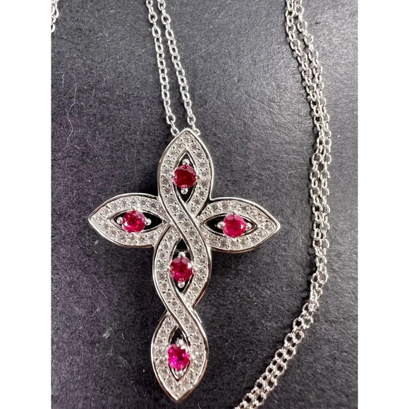Lab ruby and CZ cross pendant and chain in rhodium over sterling silver - Picture 3 of 11